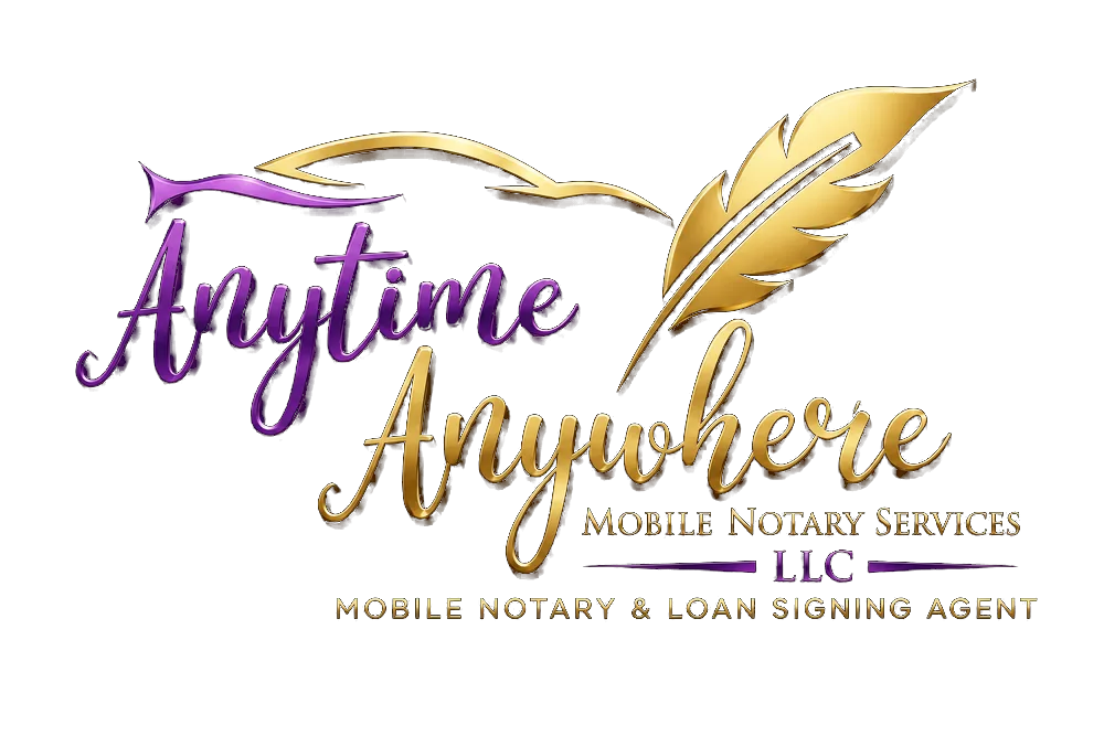 Anytime Anywhere Mobile Notary Services LLC logo, a gold feather quill with elegant purple and gold script
